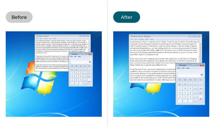 Change the size of text and icons in Windows 7, before and after